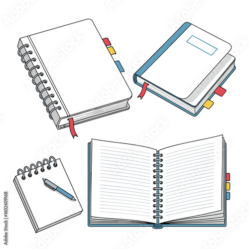 Four different types of notebooks and a pen for writing and note taking