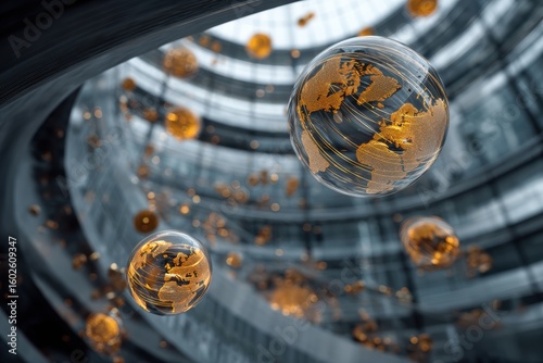 Abstract world bank headquarters rendered in glass and steel with glowing digital currencies orbiting around.