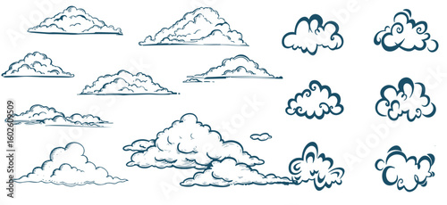 Hand drawn sketchy cloud collection isolated on white background