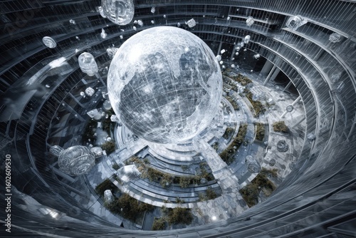 Abstract world bank headquarters rendered in glass and steel with glowing digital currencies orbiting around.