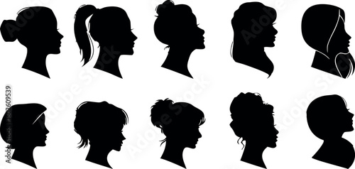 Collection of Elegant Silhouettes of Women's Heads with Different Hairstyles