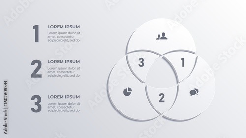 White 3D Venn Diagram Business Infographic with 3 Steps, Playful Easter Piggy Bank Concept
