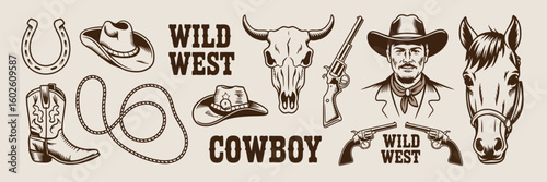 Wild West Doodle Set – Hand Drawn Vintage Cowboy Portrait and Western Icons – Vector Texas Logo with Hat, Gun, Horse, Sheriff Elements for Country T-Shirt Design

