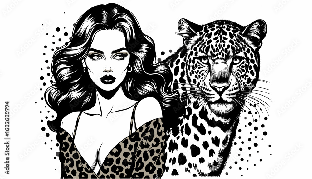 Naklejka premium Confident woman with leopard in black-white pop art vector style