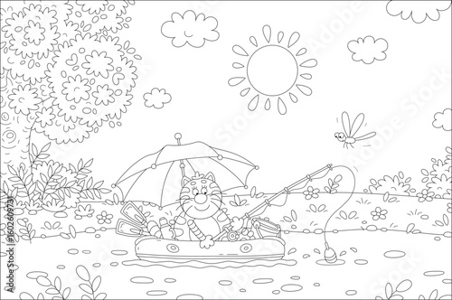 Funny grey-striped cat fisherman sitting in its inflatable boat with a fishing-rod and catching small fishes in a pretty small lake in countryside on fun summer vacations, vector cartoon illustration