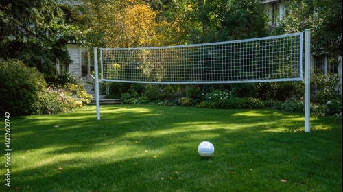 Backyard volleyball net on manicured lawn