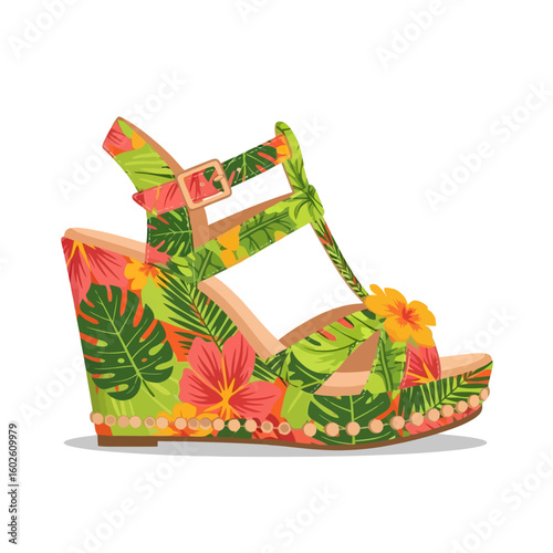 Stylish Wedge Sandal with Tropical Pattern for Summer Fashion