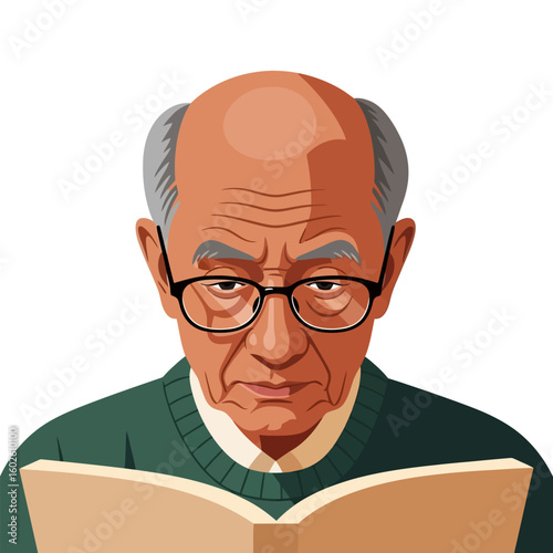 Senior Man Reading Book with Focus and Concentration Indoor Illustration