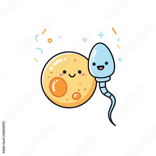 Adorable sperm fertilizing egg cute cartoon illustration for science and biology education