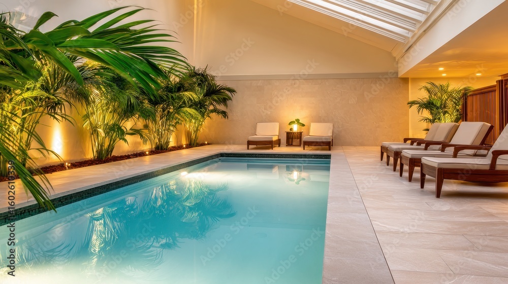 Obraz premium Serene indoor pool area with lounge chairs and lush greenery, creating a relaxing atmosphere