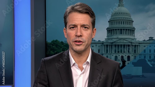 Male news anchor delivering political broadcast from studio with Capitol building backdrop. Professional journalist presenting live news report in government setting.