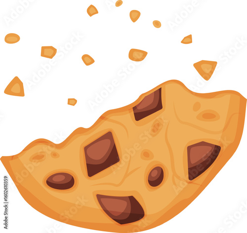 Crumbs flying off a freshly baked chocolate chip cookie create a mouthwatering scene of indulgence, highlighting the deliciousness of this sweet, crunchy treat