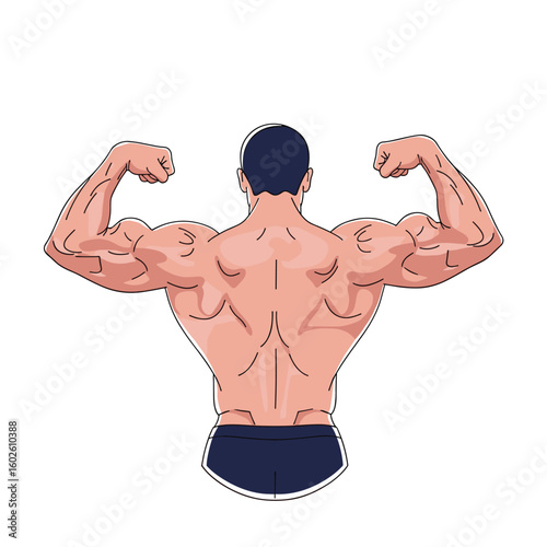Bodybuilder flexing biceps muscles back view muscular physique athlete training strength power workout