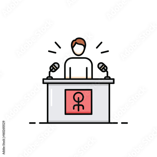 Public speaker addressing audience from a podium with microphones and a symbol