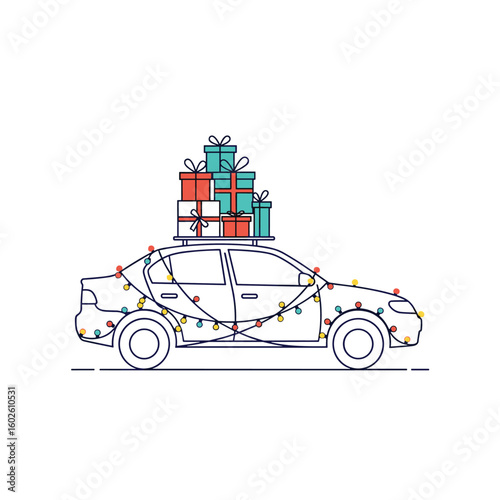 Festive car decorated with holiday lights carrying stacked gift boxes on roof rack