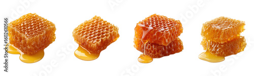 Honeycomb pieces with honey drip and drizzle.  Natural sweetness, organic treat, healthy food, honeycomb, sweet dessert, food, honey, dripping