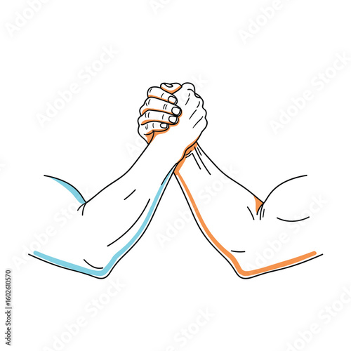Two friends engage in a friendly arm wrestling match showing their strength and determination
