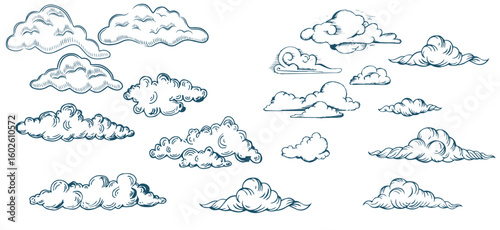 Hand drawn sketchy cloud collection isolated on white background