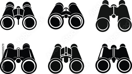 Six different binoculars in black silhouette 