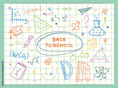 Rectangular Back to School banner with hand-drawn drawings on a lined notebook page, with space for text. Vector, announcements about the start of the school year, and a school poster