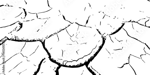 "Abstract grunge black and white cracked earth texture background, symbolizing extreme dryness and drought, Perfect for environmental themes, climate change, desert landscapes"