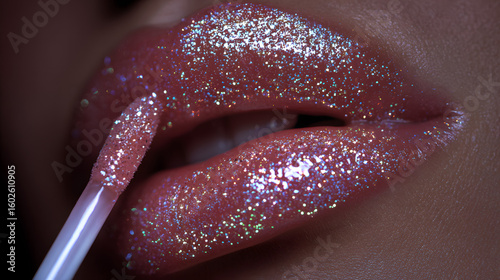 Close-up of lips being coated with sparkling lip gloss applicator, illuminating the vibrant color and radiant glitter finish for a glamourous style.