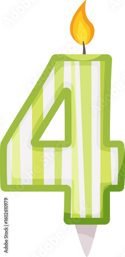 Green and white striped number four shaped candle, featuring a flickering flame on top, enhancing celebrations for fourth birthdays or anniversaries with a festive touch