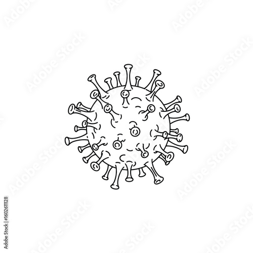 A simple line drawing of a virus with many spiky projections and some internal structures presented on a white background