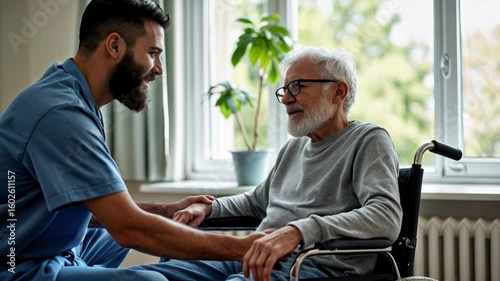 Compassionate male nurse providing care and support to elderly patient in wheelchair at home. Healthcare professional showing empathy during home visit with senior man.