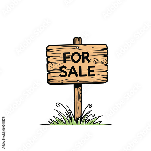 Rustic wooden for sale sign in green grass awaiting new owners for property transactions
