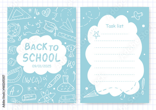 A set of planners with school illustrations in doodle style and space for text. Back to school. A template for notes, schedules, to-do lists, and a cover for a diary or notebook. Office supplies.