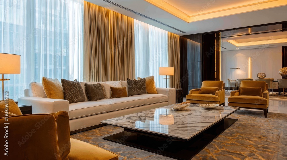 Fototapeta premium Elegant modern living room with plush furniture and soft lighting, showcasing a cozy atmosphere