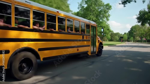 Yellow school bus driving down a street with children