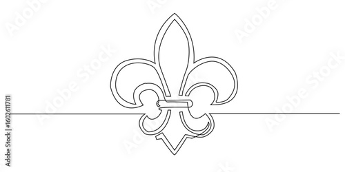 Continuous line drawing of a fleur-de-lis symbol. Minimalist illustration representing royalty, heritage, French culture, elegance, and classic decorative emblem.