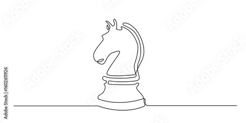 Continuous line drawing of a knight chess piece. Minimalist illustration symbolizing tactics, strategy, movement, and the unique role of the horse in the game of chess.