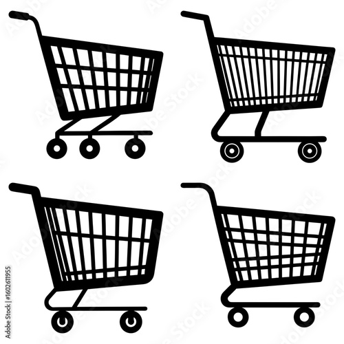 Four shopping carts in black and white showing different styles and wheel configurations on a white background