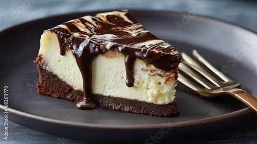 Wallpaper Mural A slice of cheesecake on a dark plate, topped with chocolate sauce and a golden fork. Torontodigital.ca