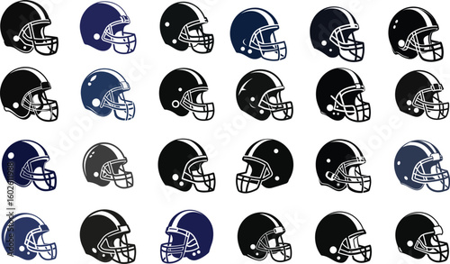 Set of American Football Helmets in Various Styles Vector Illustration for Sports Equipment and Protective Gear Designs