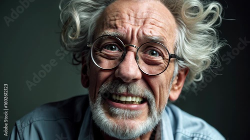 Shocked elderly man with thick glasses and wild gray hair expressing extreme surprise. Close-up portrait of senior person with wide eyes and open mouth showing amazement.