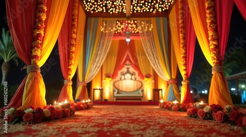 Vibrant indian wedding stage with colorful drapes and glowing lights at night