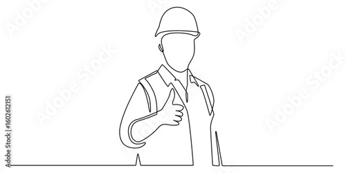 Continuous line drawing of a construction worker giving thumbs up. Minimalist illustration representing safety, approval, and professionalism in the engineering or building field.