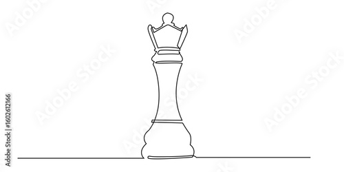 Continuous line drawing of a queen chess piece. Minimalist illustration symbolizing leadership, power, intelligence, and strategic thinking in the game of chess.