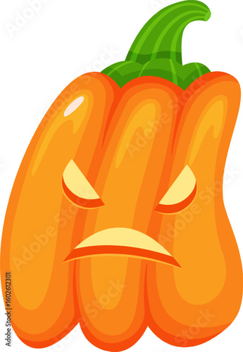 Bright orange Halloween pumpkin featuring a frowning face and angry eyes, topped with a vibrant green stem, isolated against a clean white background, perfect for Halloween themed projects