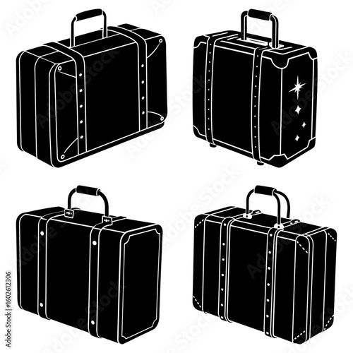 Illustration of four vintage suitcases with handles and decorative details in black and white style