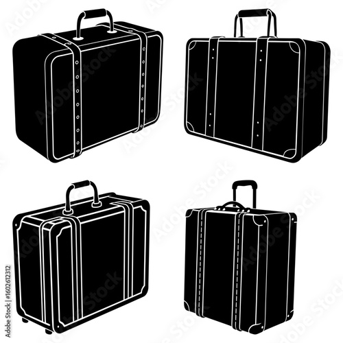 Four vintage suitcases in black and white with handles and straps arranged in a square pattern design