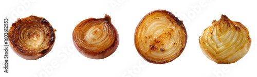 Halved roasted onions show layers. Cooking, food preparation, ingredient, vegetable, onion, grilled, caramelized, healthy, natural, culinary, cuisine, vegetarian, vegan