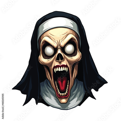 Screaming ghost nun with horror face and hollow eyes