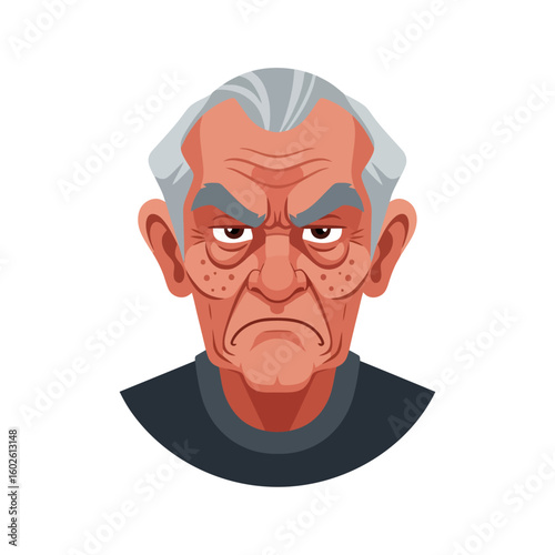 Cartoon Portrait of Grumpy Old Man with Gray Hair Scowling