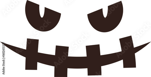 Minimalist vector illustration of a halloween pumpkin face with spooky eyes and toothy smile, ideal for halloween decorations or party invitations