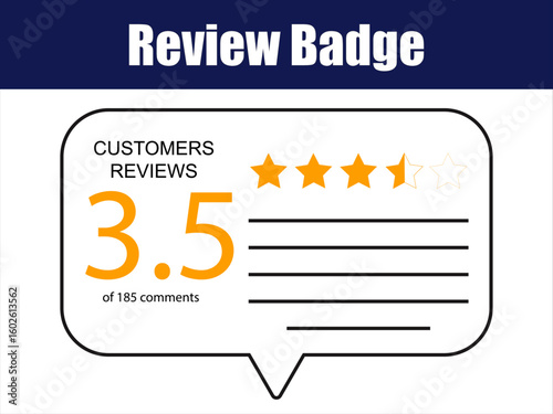 Three Point Five Star Animated Customer Review Bubble Design. Speech bubble with animated 3.5-star review and feedback lines reflecting moderate customer satisfaction level.